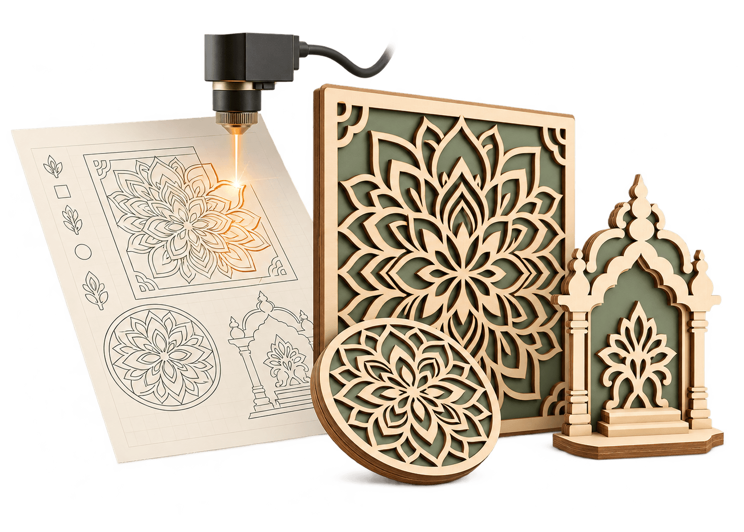 A digital vector drawing becoming laser-cut wall art, a coaster and a mandir panel